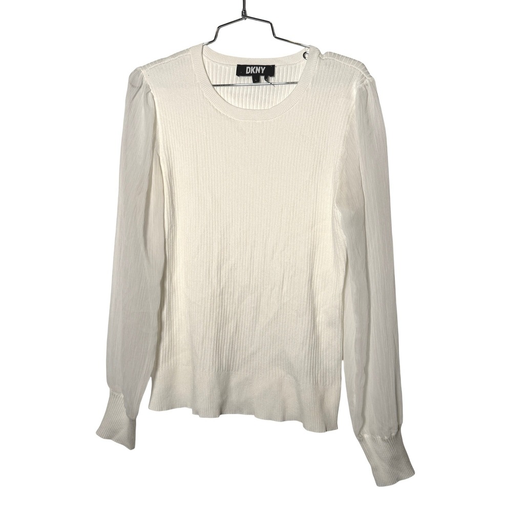 DKNY Womens Ribbed Knit Sheer Chiffon‎ Puff Sleeve Sweater Ivory White Large